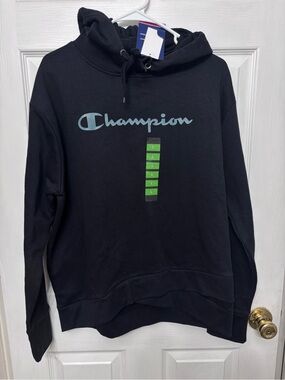 Champion Black Hoodie with Light Blue Script Logo